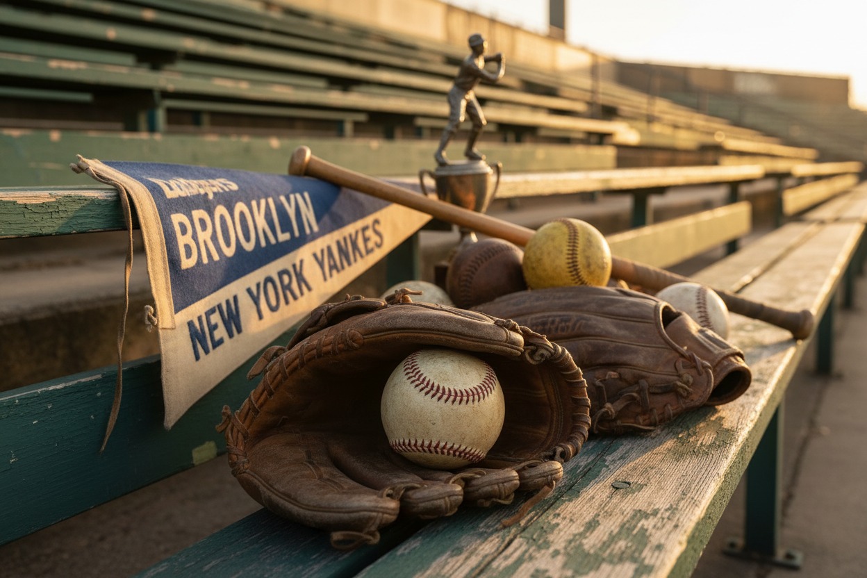 Vintage baseball equipment, including a glove, balls, a bat, and a pennant, rests on a weathered stadium bench at sunset.